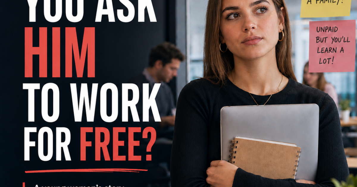 Young Woman at work asking would you ask a man to work for free