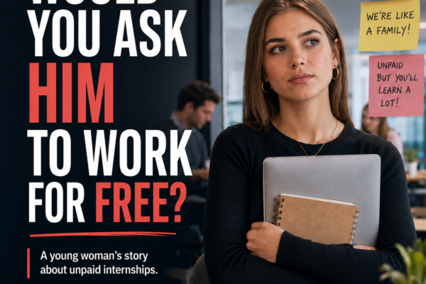 Young Woman at work asking would you ask a man to work for free