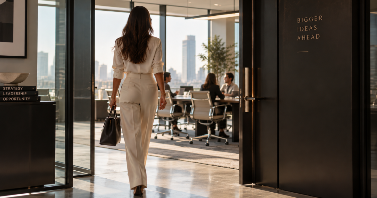 Woman making a confident move, representing calculated risks in business