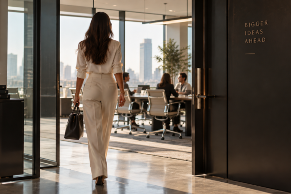 Woman making a confident move, representing calculated risks in business