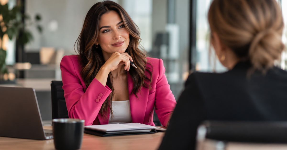 Professional woman in a pink blazer during a job interview, representing job search tips, confidence and career strategy.