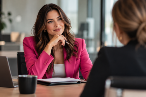Professional woman in a pink blazer during a job interview, representing job search tips, confidence and career strategy.